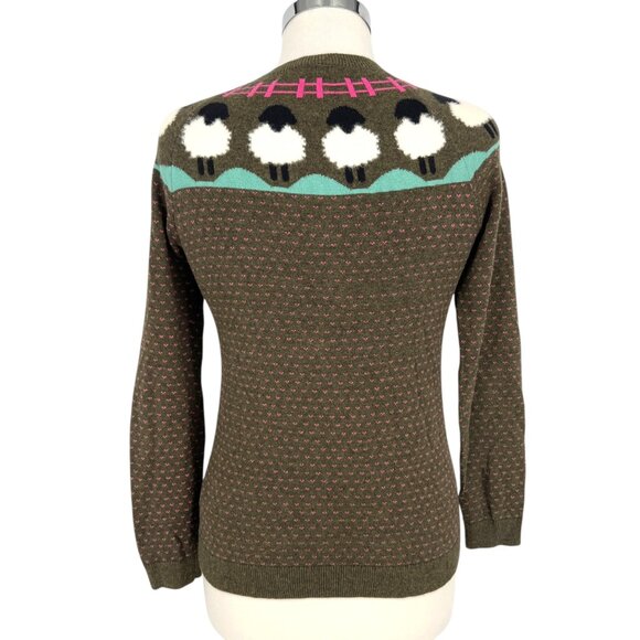 Talbots Sheep Yoke Raglan Crewneck Pullover Green Pink Size Small Petite - Picture 7 of 11